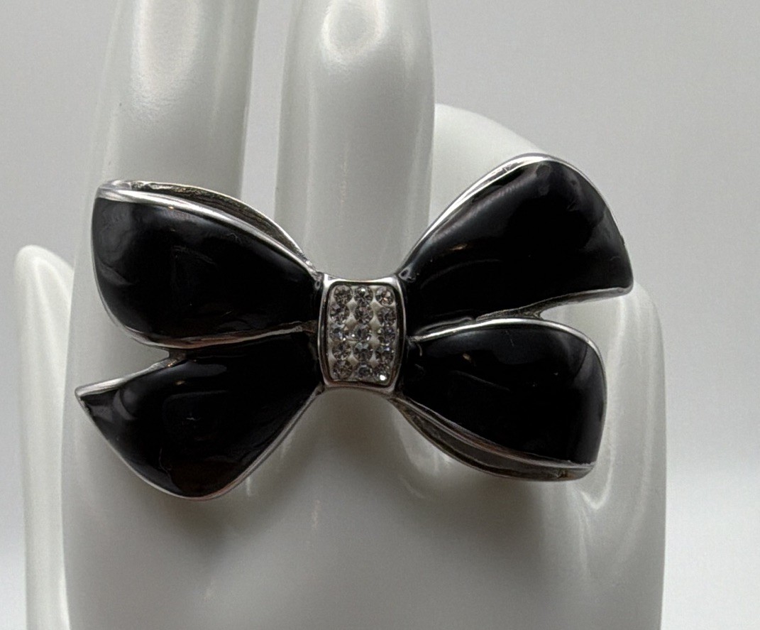 Stainless Steel Black Bow Cocktail Ring Pavé Round White Crystal Size 10.25