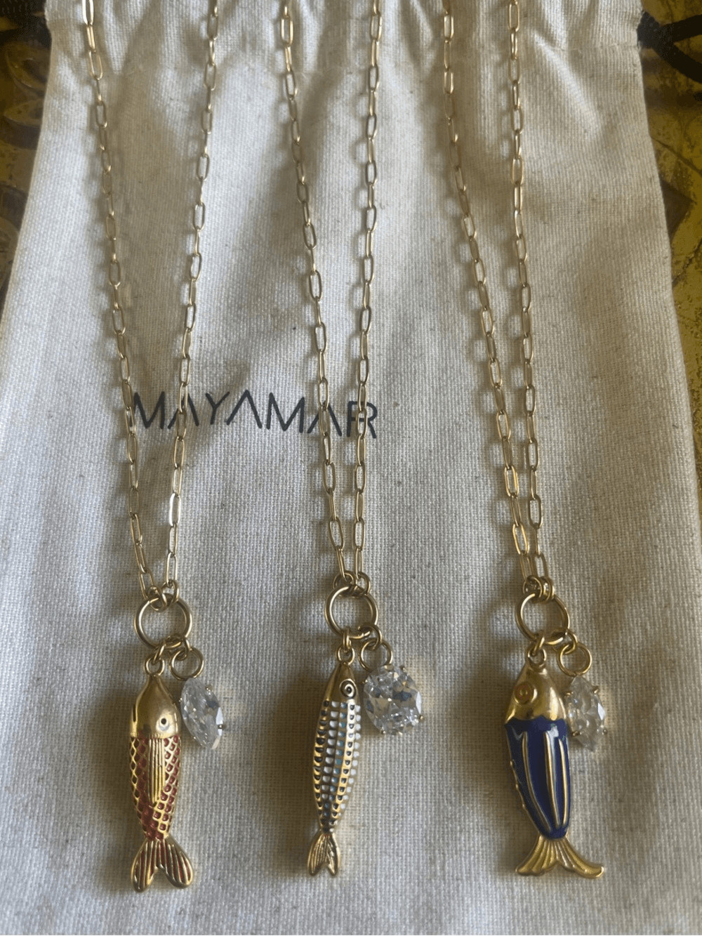 Set of 3 Mayamar Gold Fish Pendant Necklace Blue, Green & Red