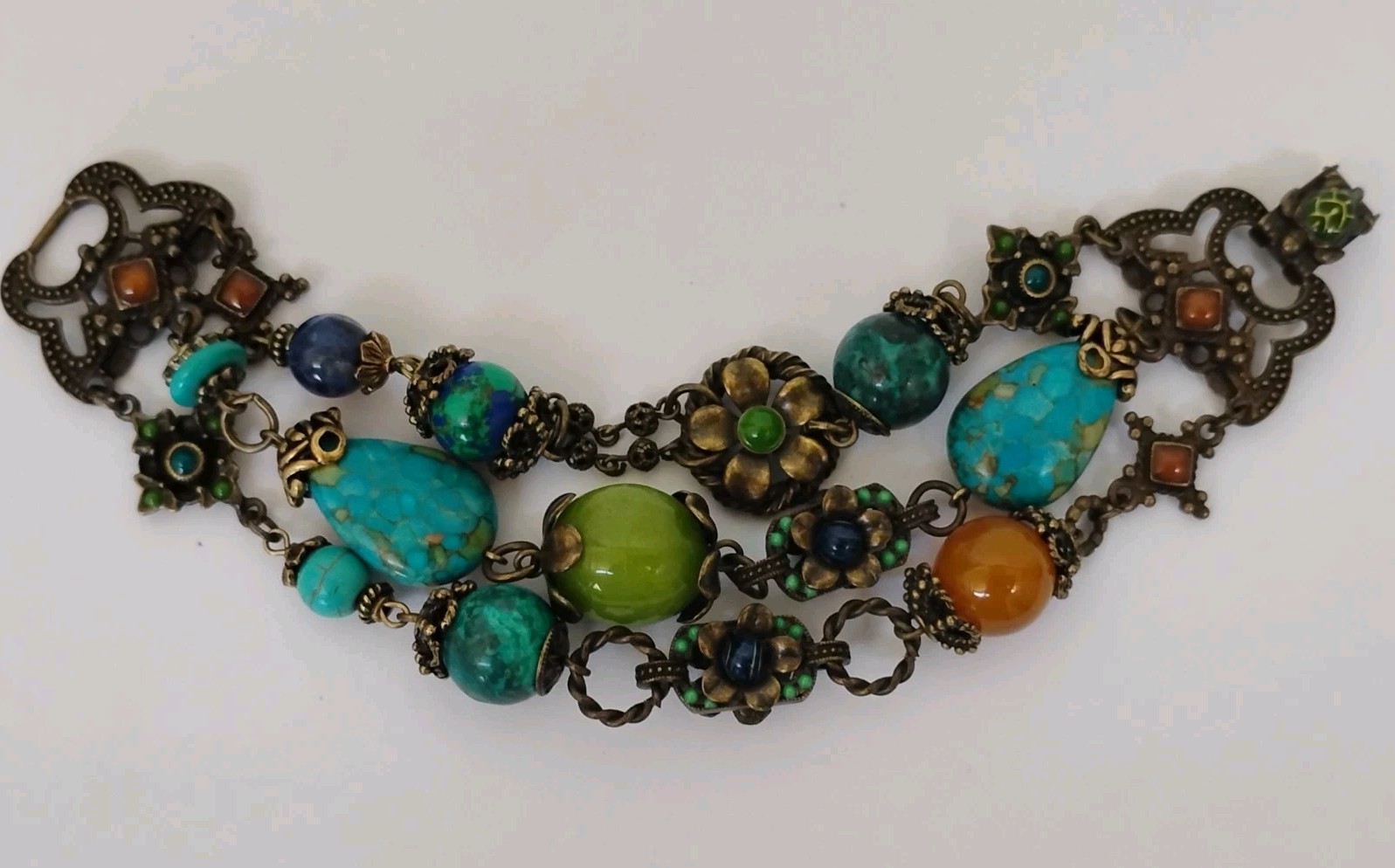 Sweet Romance USA Boho Multi Simulated Stone 3 Strand Floral Bracelet Pristine