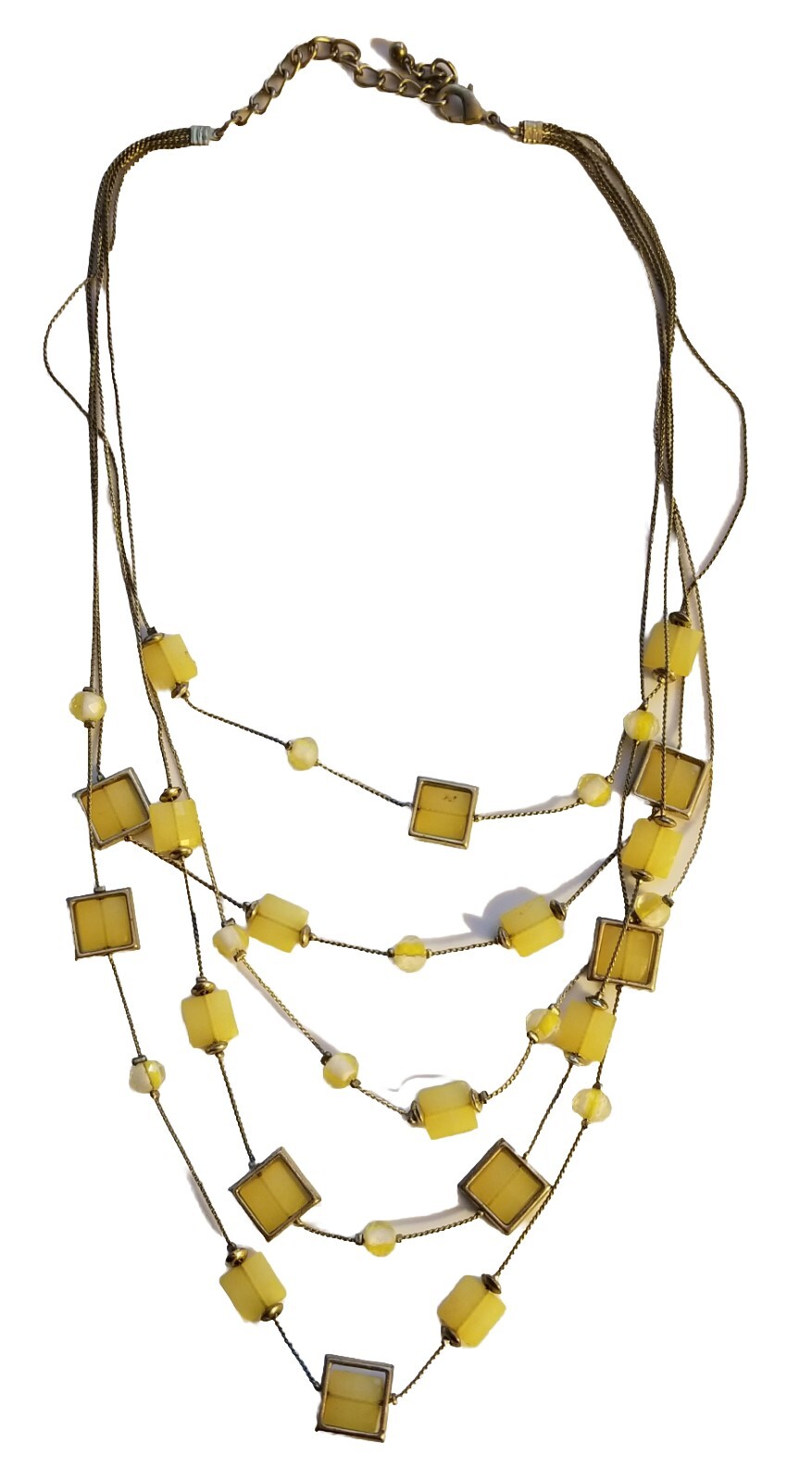 Square Bauble Necklace. Yellow Green. Multi Strand. Sizeable. Rotating Squares