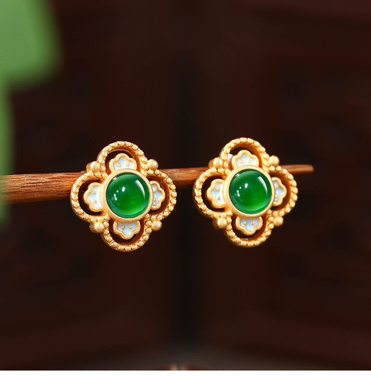 Jade Four-Leaf Clover Stud Earrings Minimalist Bamboo 18K Gold Plated Gemstone