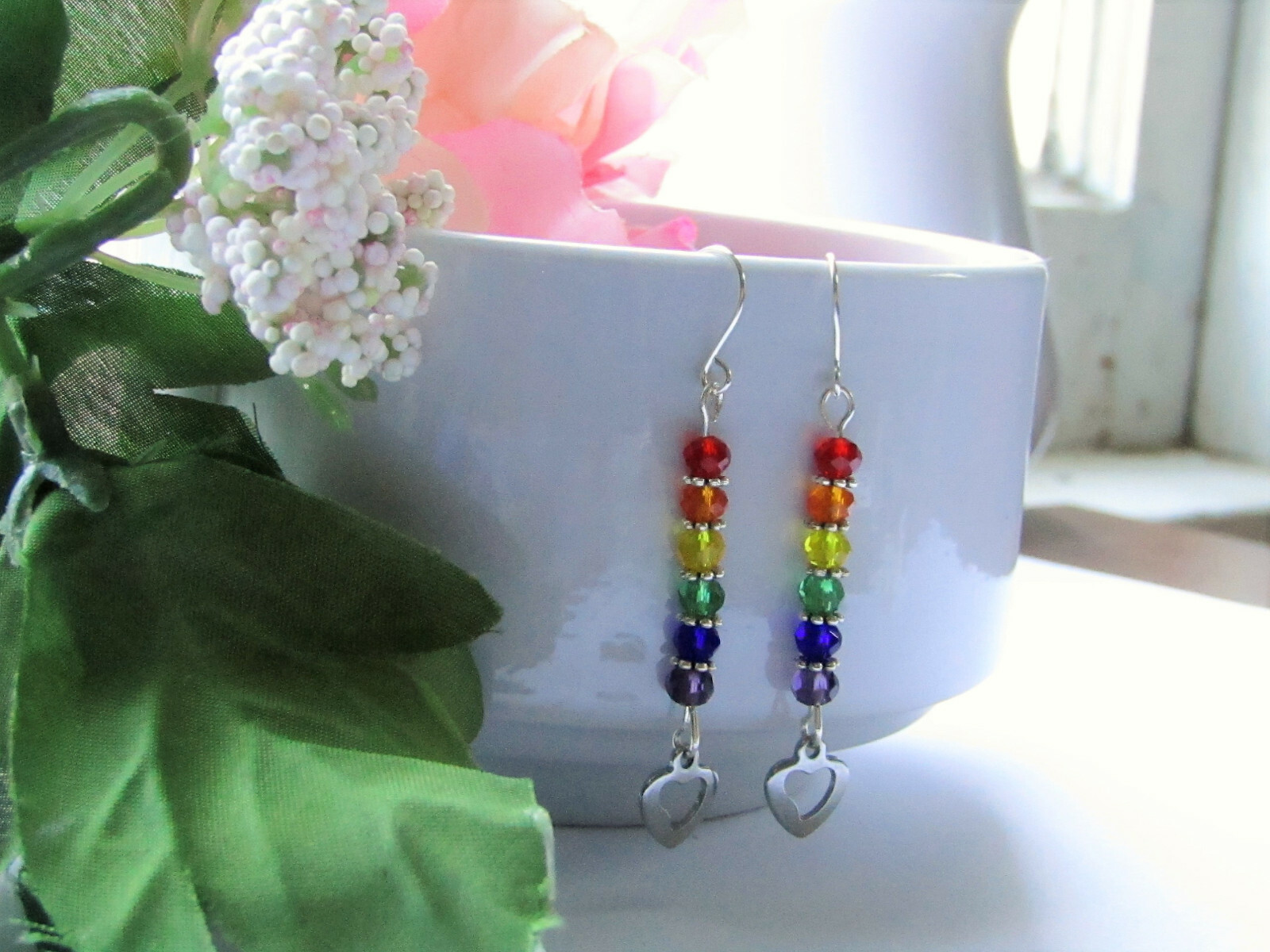 Rainbow PRIDE Glass Stainless Steel Heart Charm Silver Dangle Earrings