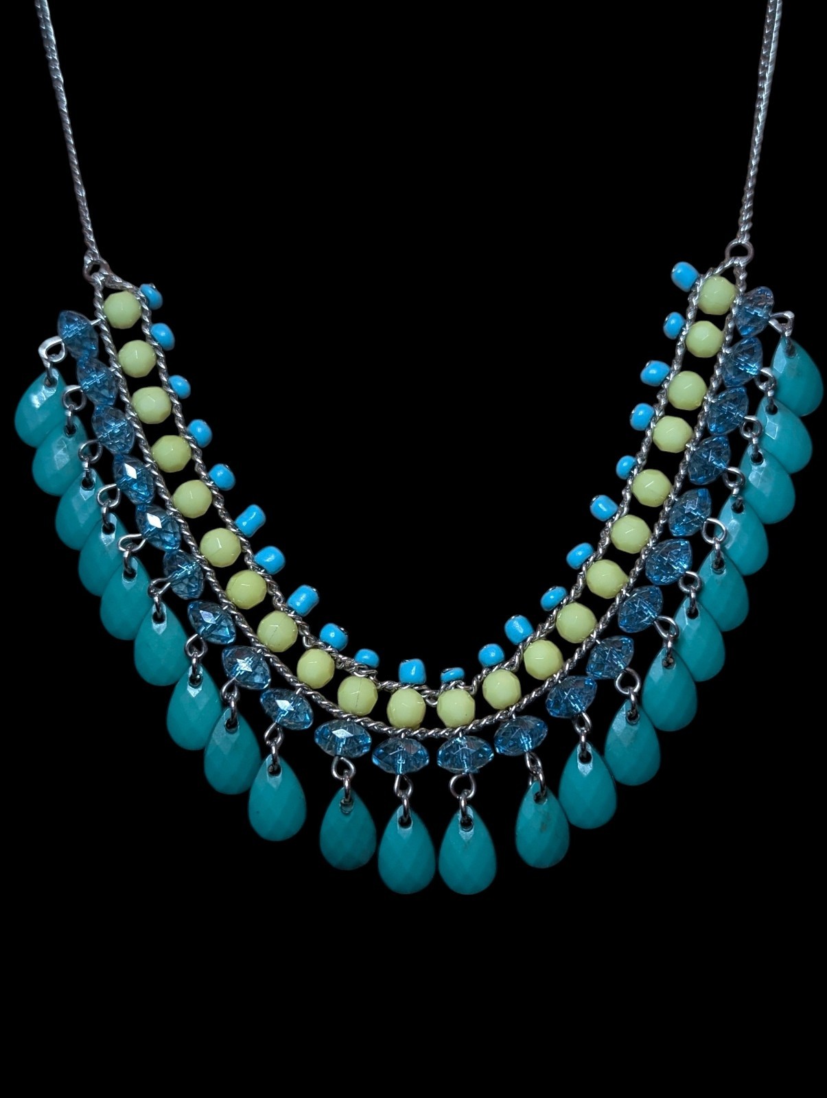 Vintage Turquoise & Yellow Beaded Bib Necklace – Colorful Summer Statement…