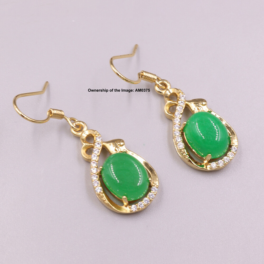 New Gold Plated Women’s Pear Green Jade Dangle Earrings Drop Hook 36mm H
