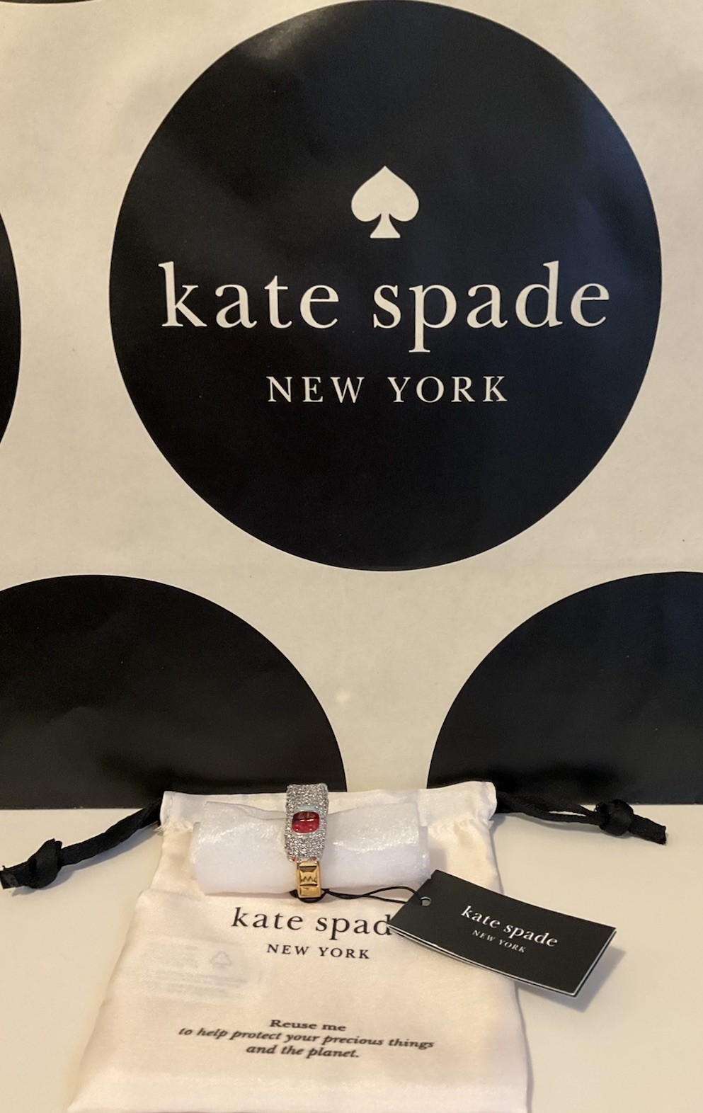 NWT Kate Spade NEW YORK MINUTE 12K Gold Plated CZ Crystals Car Ring SZ 8