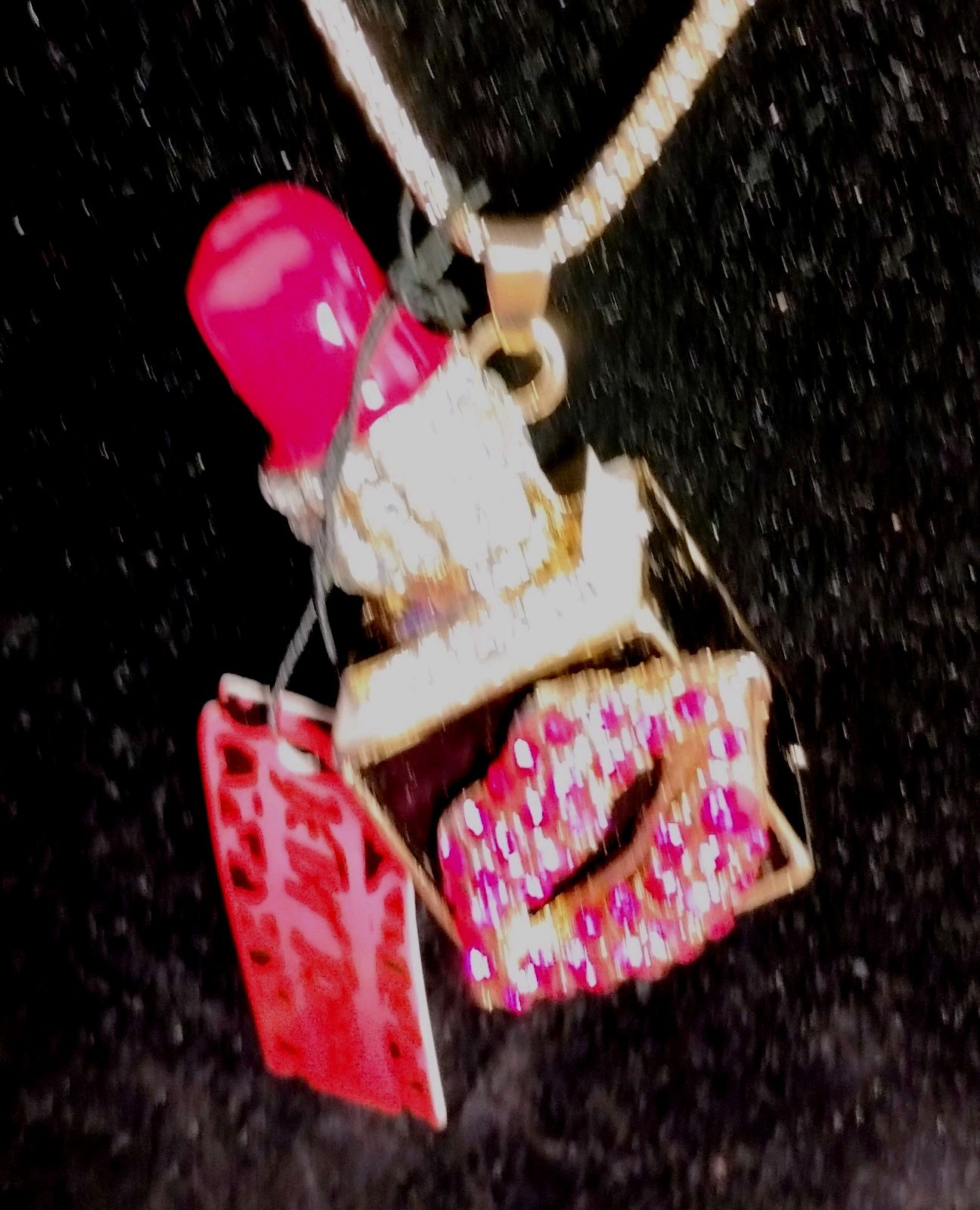 Betsy Johnson Hot Pink Lipstick With Hot Pink Rhinestone Lips On It Necklace