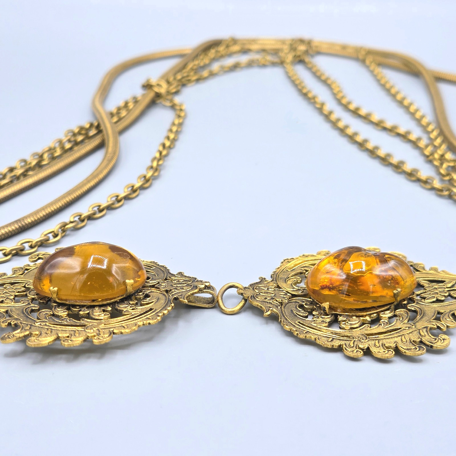 Woloch Paris Signed Couture Gilt Amber Gripoix Glass Chain Belt Necklace 32″