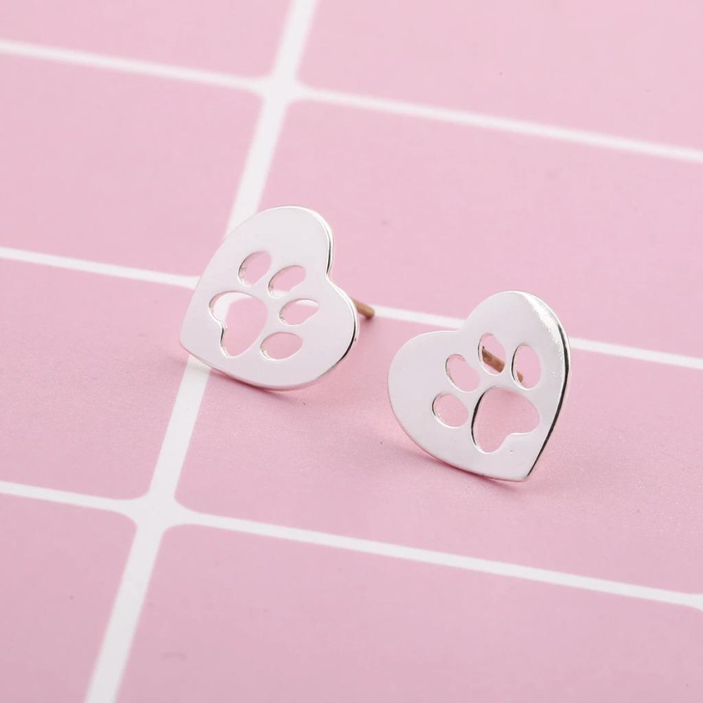 TINY PAW PRINT HEART POST EARRINGS Dog Cat Love Pet Owner Silver Plate Stainless
