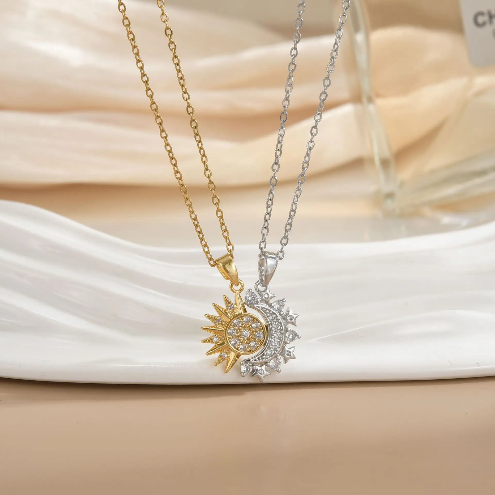 Couple Sun Moon Pendant Necklace Open Ring Set Retro Jewelry Gift