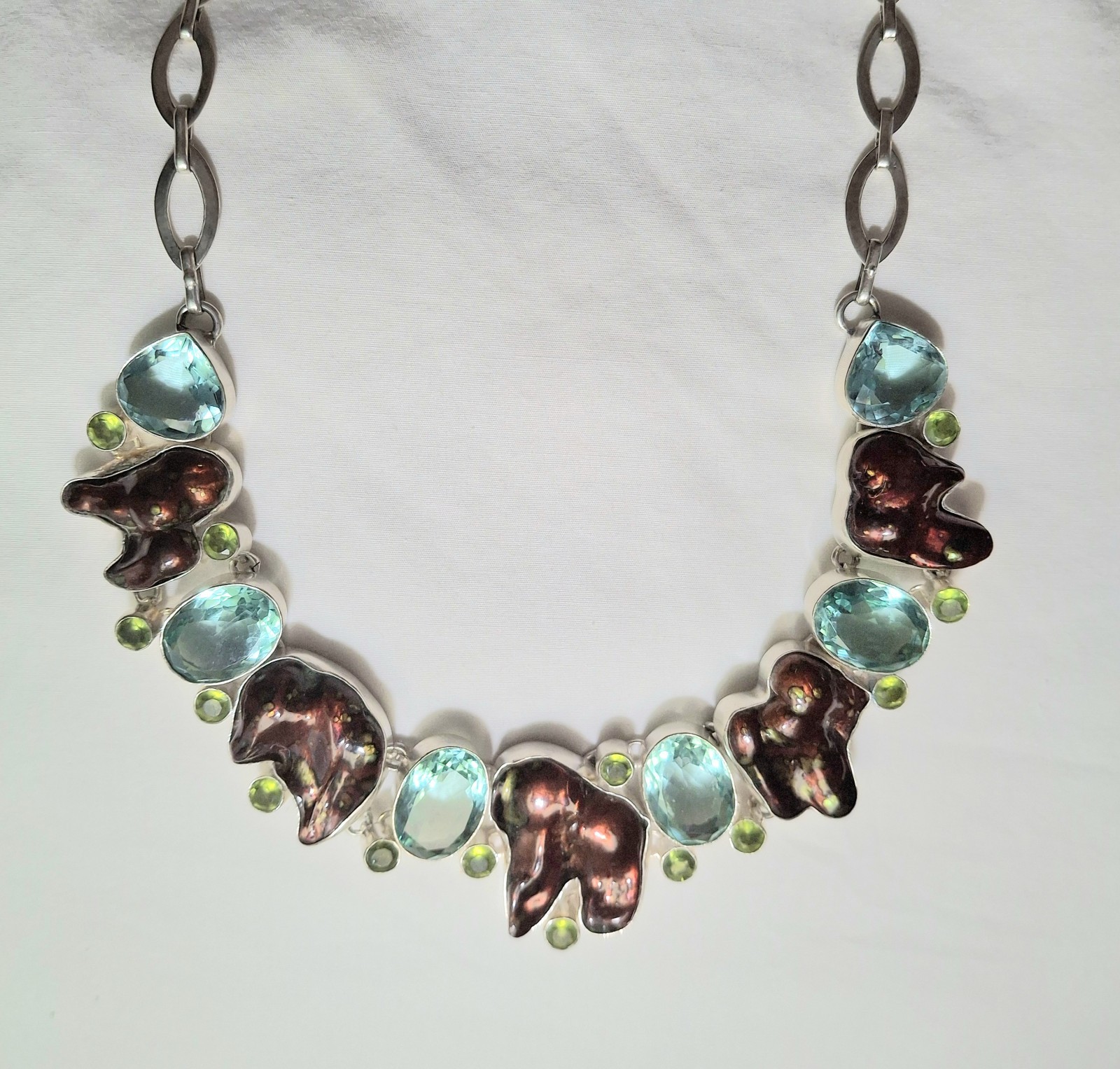 Y2K Necklace SIGNED 925 HUGE! Boho Blue Topaz Dyed Blister Pearls Peridot Estate