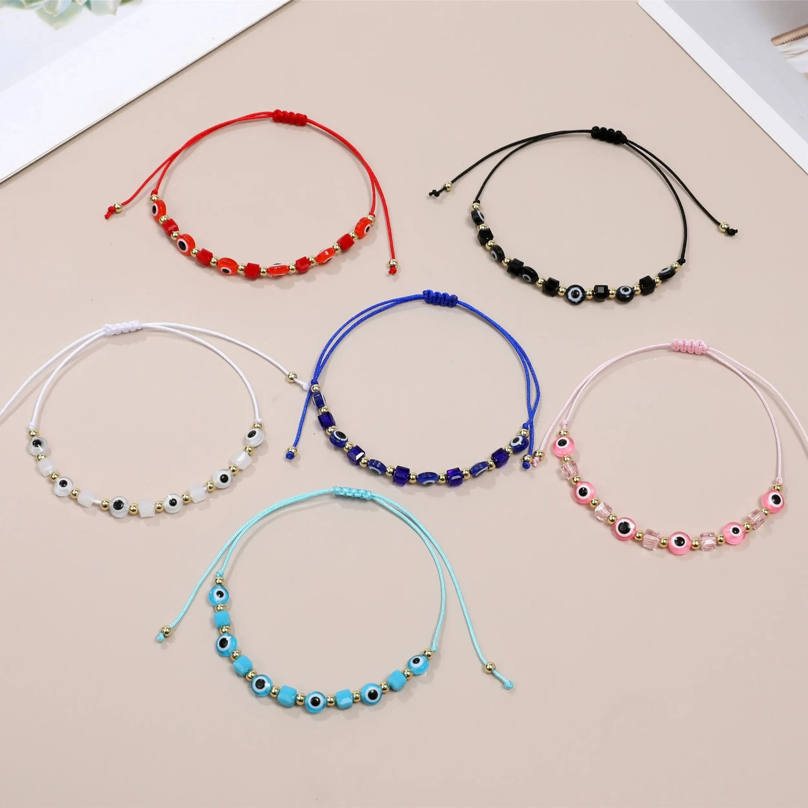 Evil Eye Square Round Lucky Bracelet Handmade Prayer Bangles 7″/ 11″ Adjustable