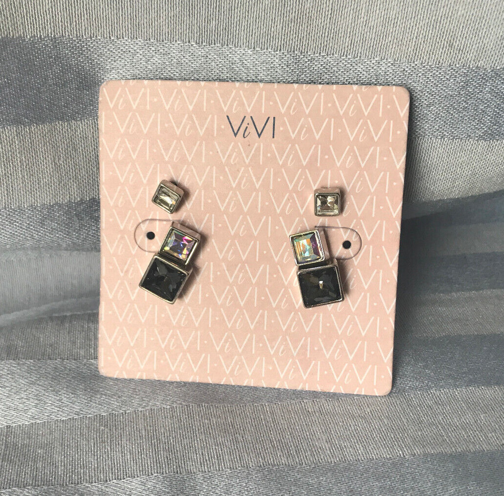 ViVi 3 Pairs Multi Color Square Cut Stud Earrings Set NWT New Crystal Studs