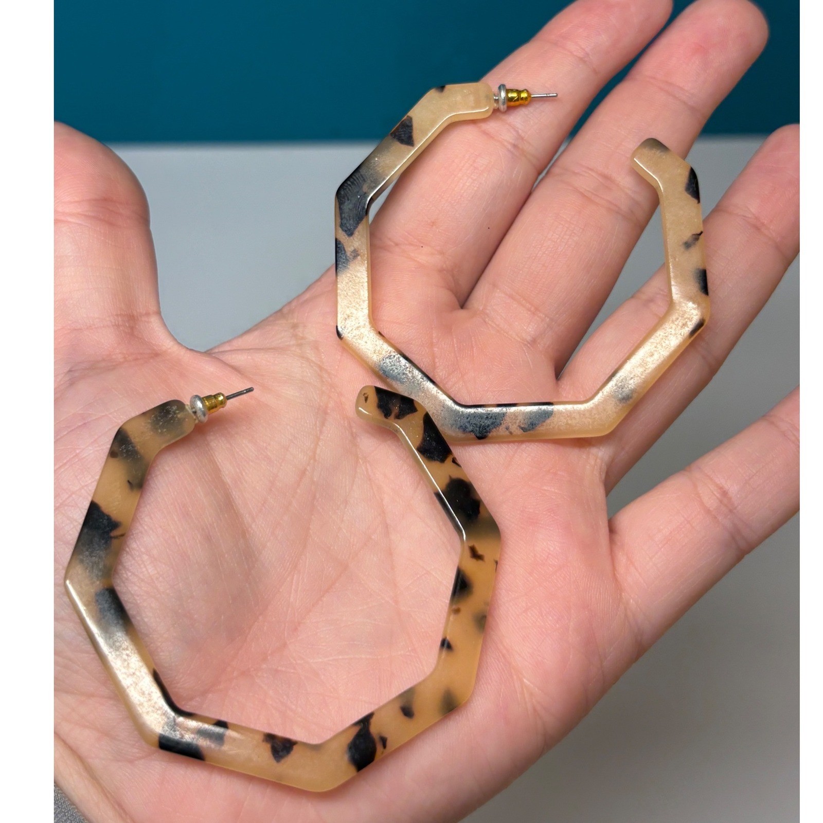 Tortoise Shell Acrylic Hexagon Hoop Earrings Brown Geometric Large Post Back