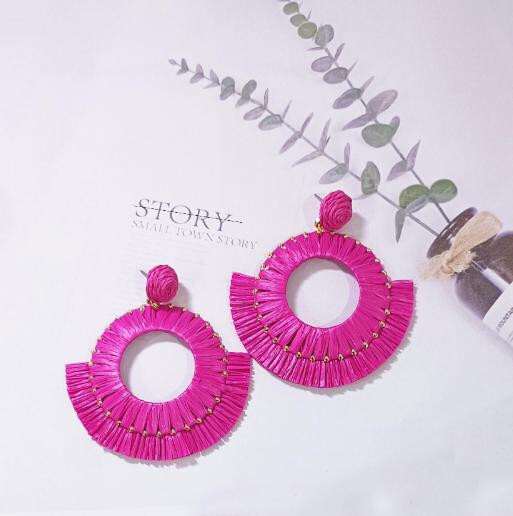 Special Round Dragon Fruit Color Lafite Grass Handmade Woven Stud Earrings