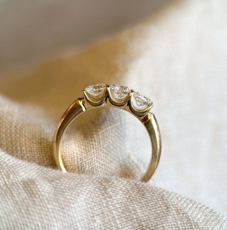 Trilogy Tension Set Wedding Ring 14K Yellow Gold Plated Round Simulated Diamond