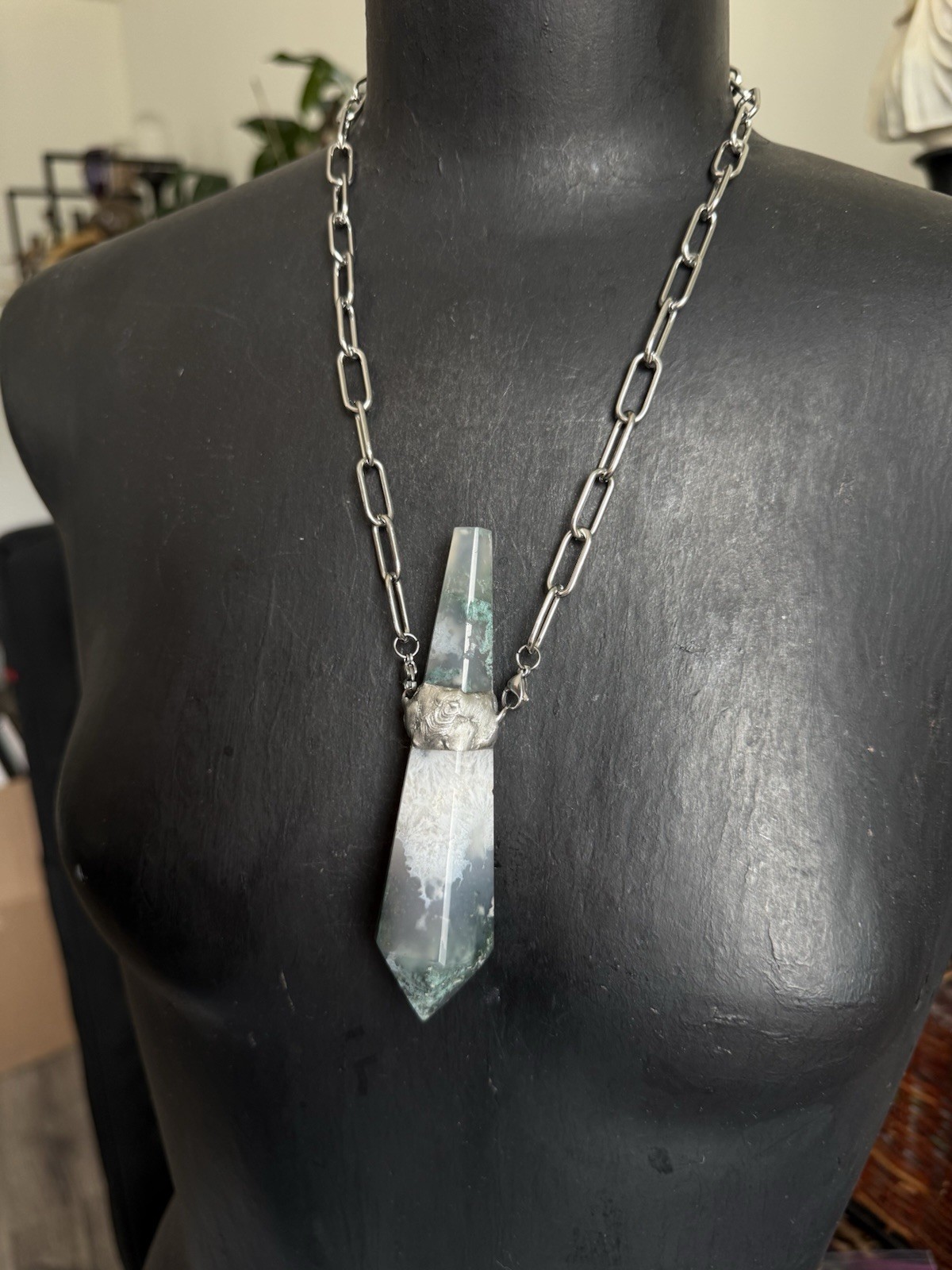 Moss agate point pendant necklace statement jewelry chunky necklace heart chakra