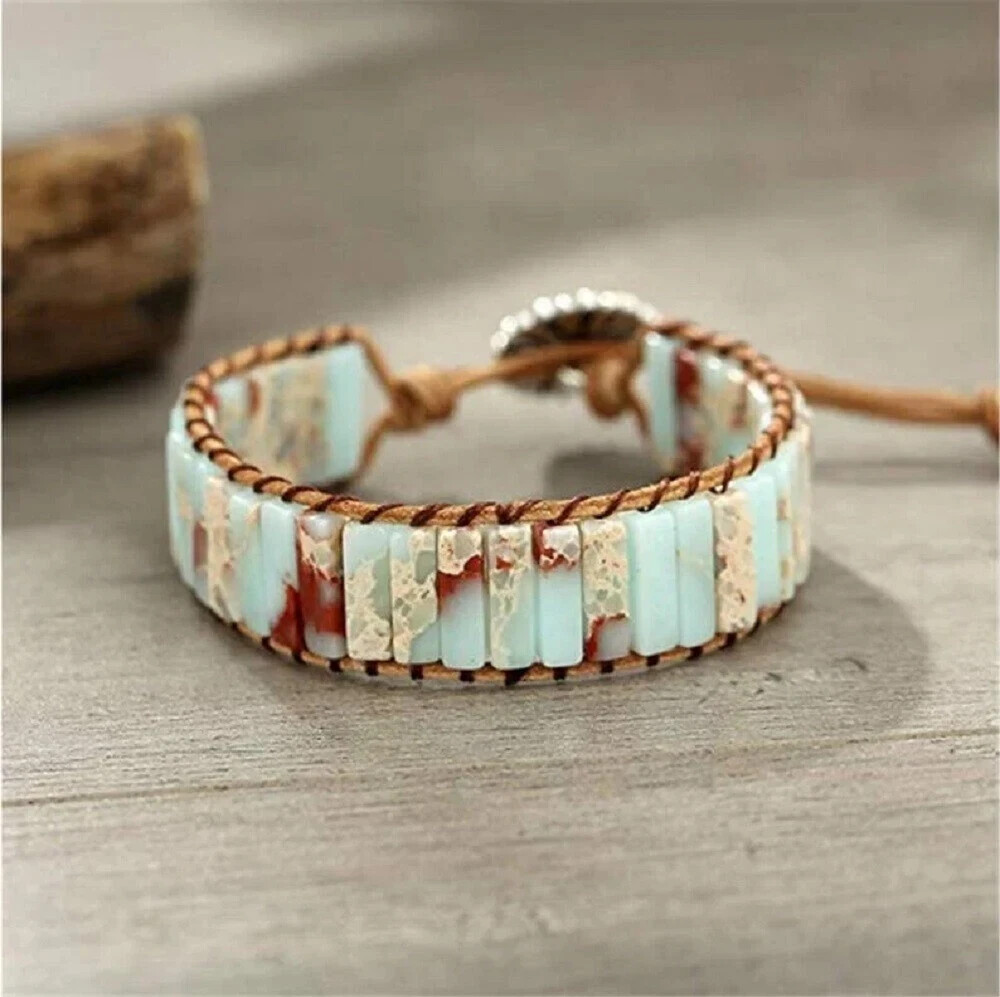 Natural African Opal Tube Stone Braided Gemstone Bracelet Adjustable Boho Gift