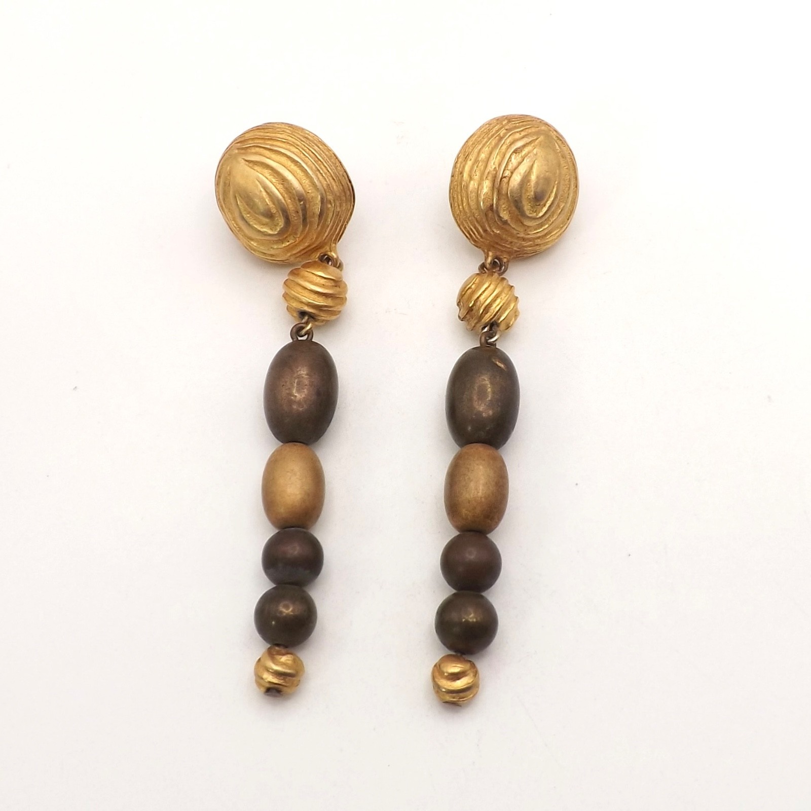 Givenchy Vintage Runway Gold Tone Bronze Bead Long Dangle Earrings 3.25in