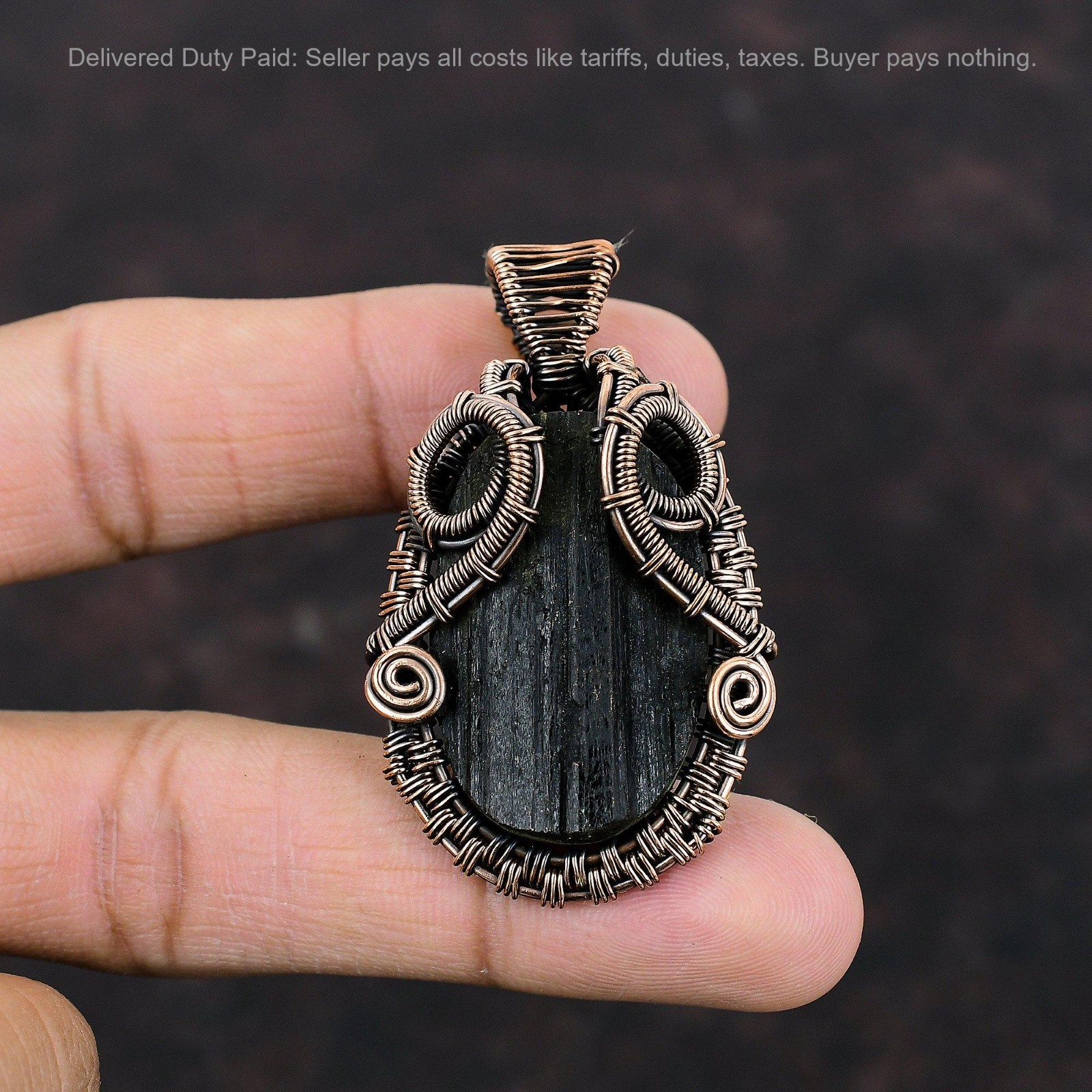 Christmas Sale Copper Oval Natural Black Tourmaline Rough Wire Wrapped Pendant