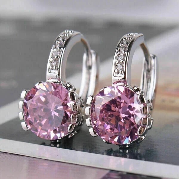 2.50Ct Round Cut Simulated Pink Sapphire Drop Earrings In 14k White Gold Plated