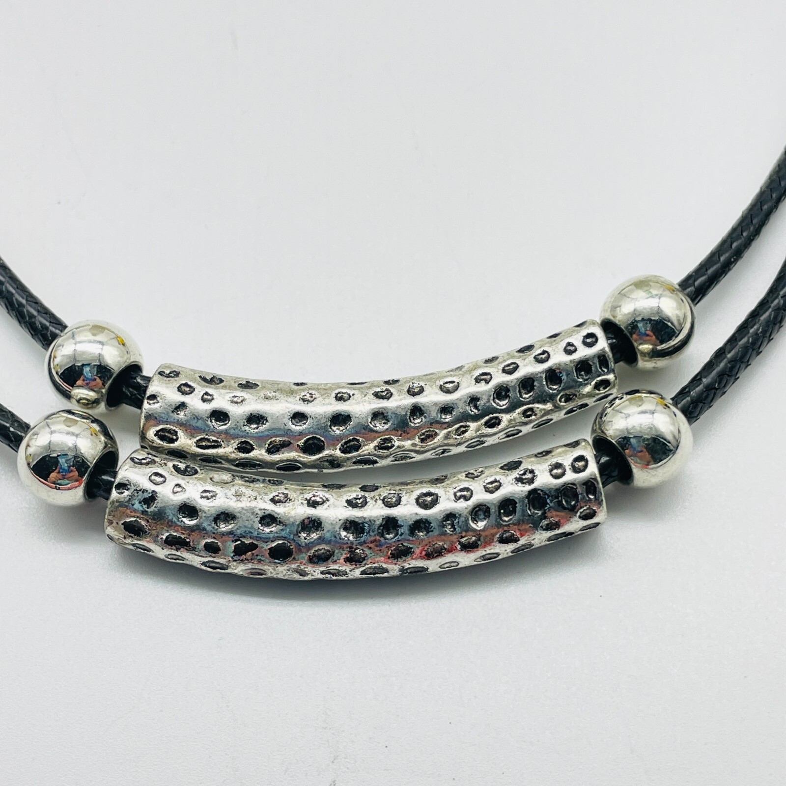 Black Cord Necklace Silver Tone Bar Pendant Layered Statement Necklace