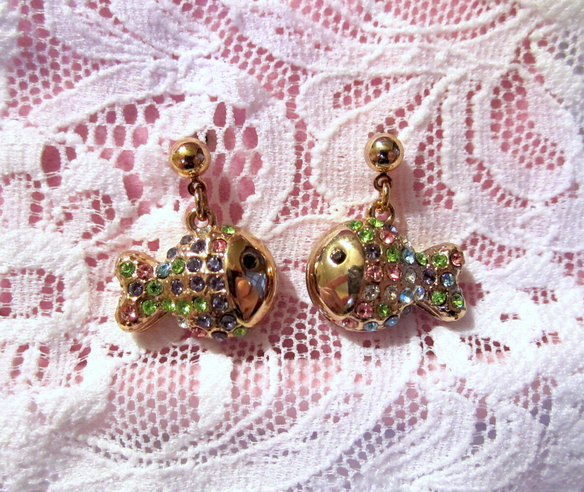 Crystal Fish Earrings – Multi Color Czech Crystals – GOLD