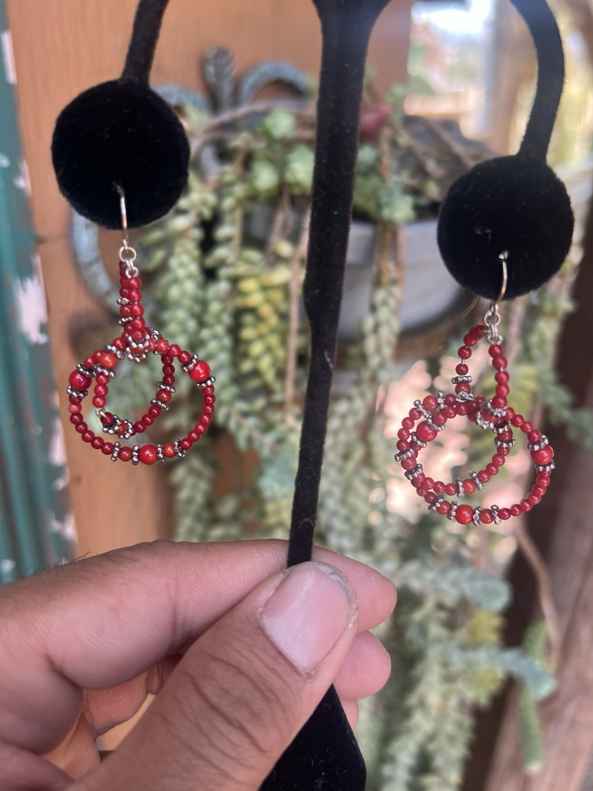Red Coral Double Hoop Round Dangle Earrings, Sterling Silver Hook