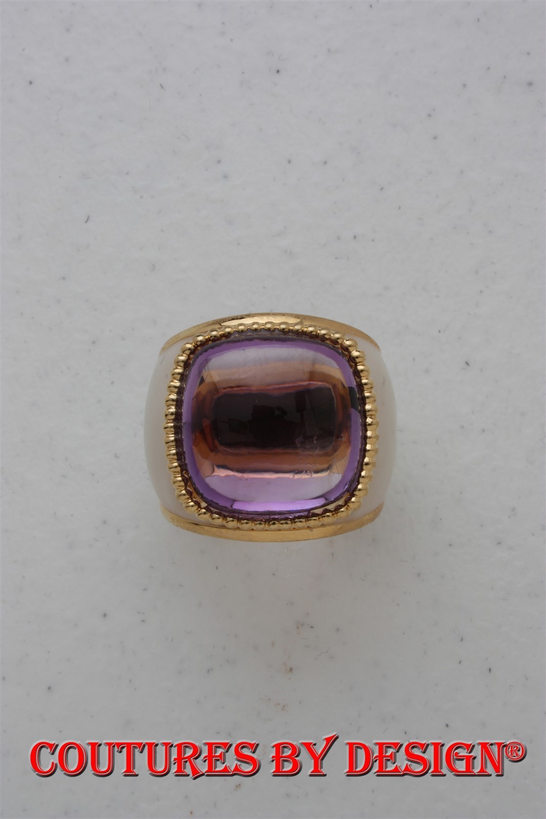 St John Knits Ivory Enamel Designer Ring w/ Amethyst Stone 7.5 NWT MSRP $280