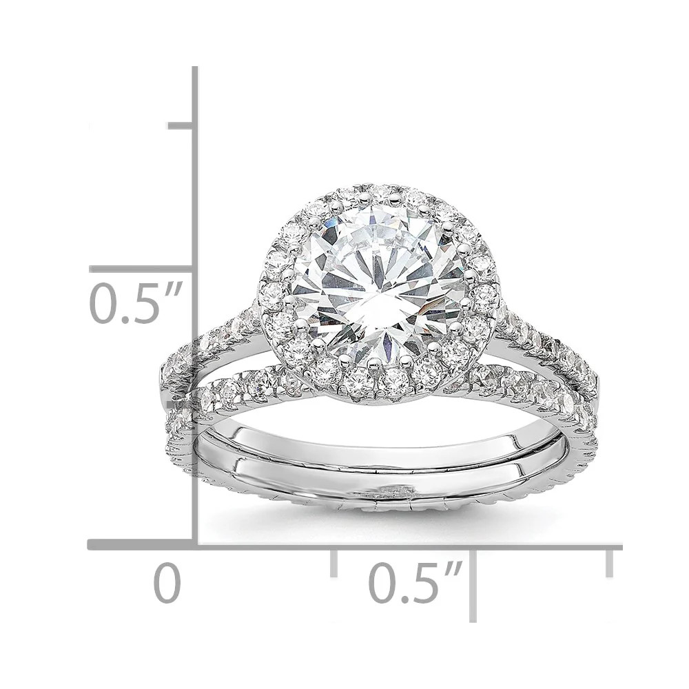 Sterling Silver Rhodium-Plated 11mm CZ Halo Engagement/Eternity Band 2 Ring Set