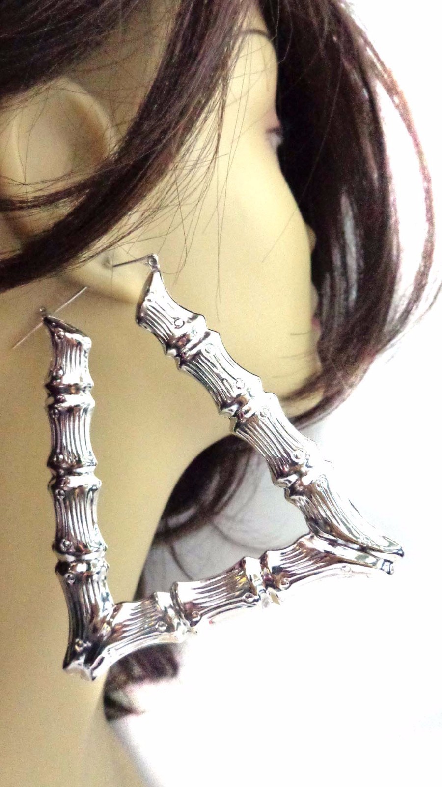 TRAPEZOID BAMBOO EARRINGS SILVER TONE HOOP EARRINGS 4 INCH TRIANGLE BAMBOO