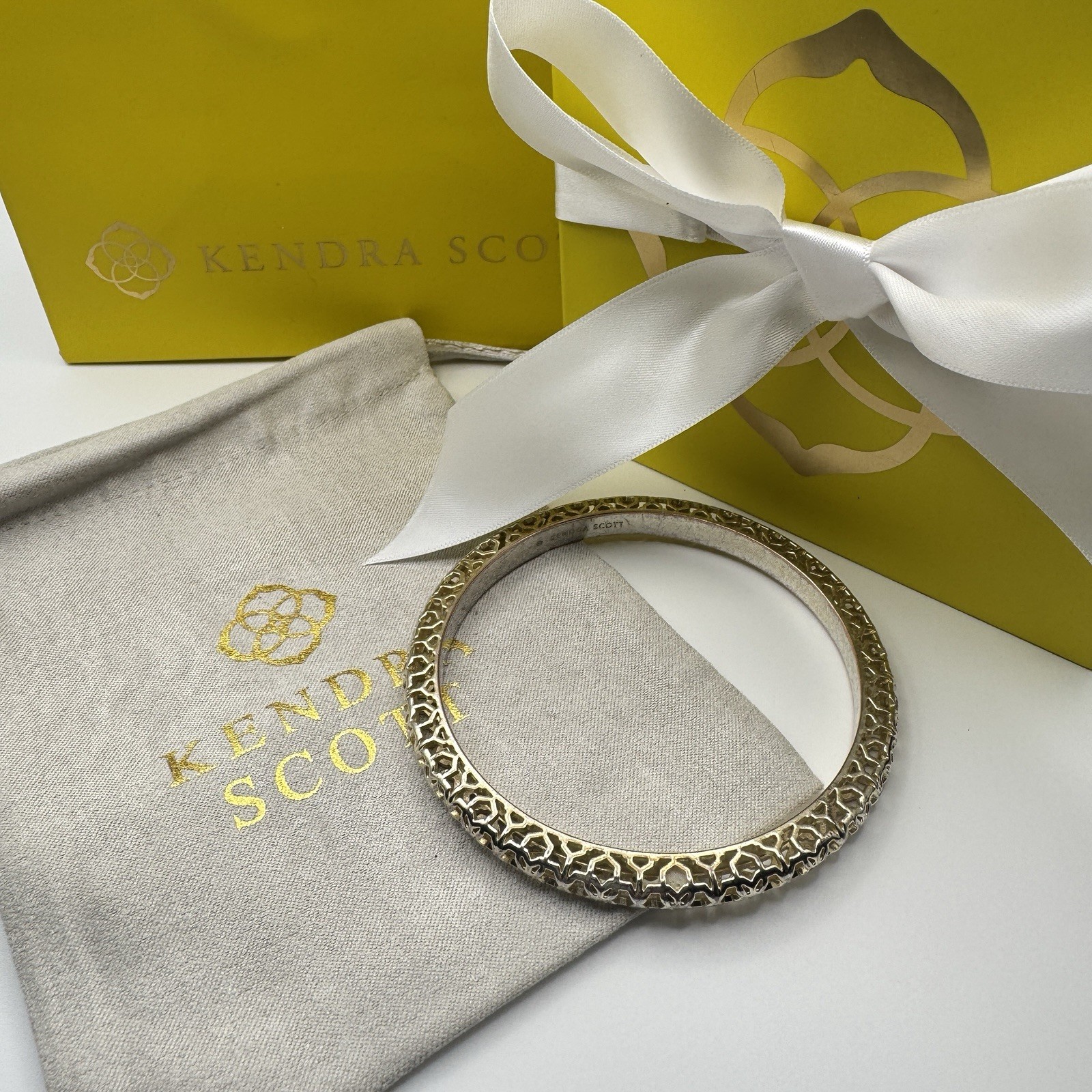 Kendra Scott Maggie Filigree Bangle Bracelet Gold Tone-Dust Bag, Box & Gift Bag