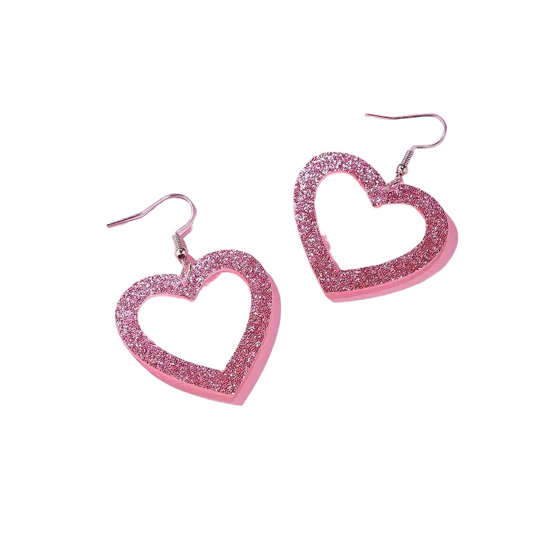 Acrylic Hollow Heart Pink Bling Sequins Decor Dangle Earrings – New