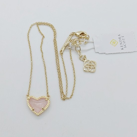 New Kendra Scott Ari Heart Gold Necklace in Pink Quartz
