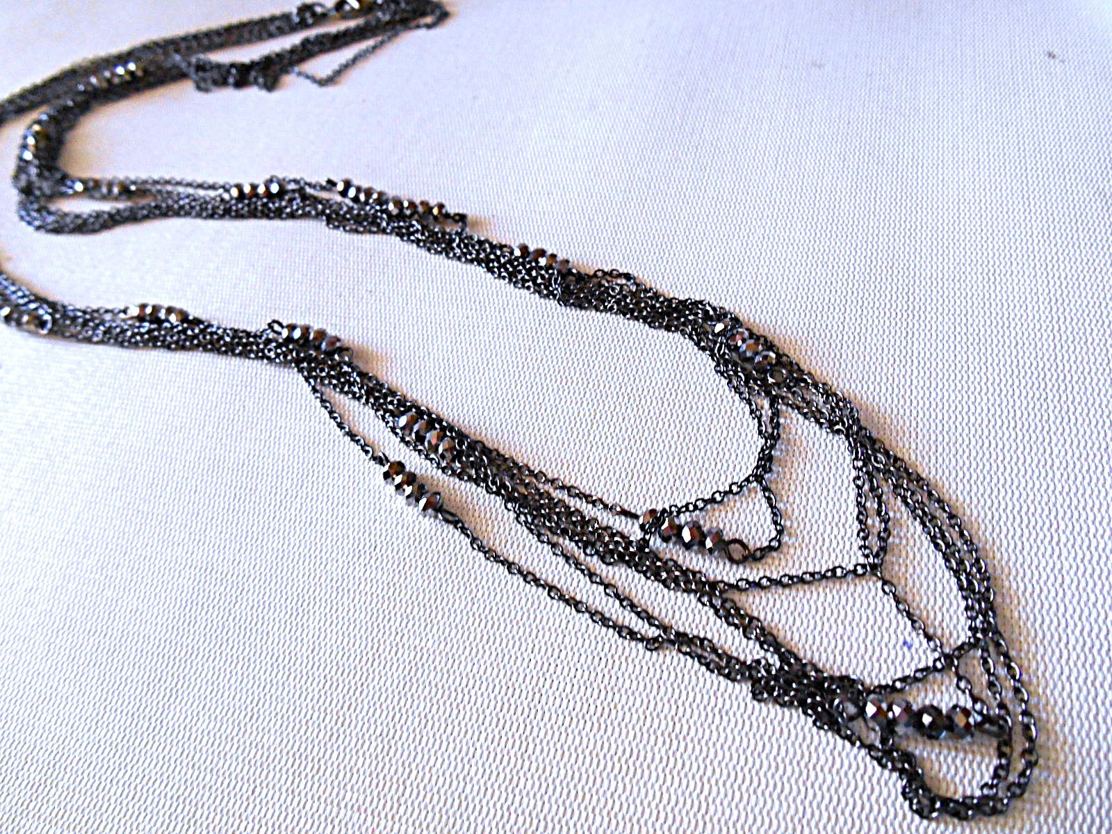 7 Strand Layered Gunmetal & Sparkling Beaded Chain Necklace