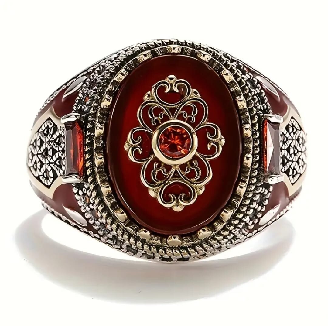 1pc Vintage Silvery Crown Men’s Ring, Engraved Eagle Print Red Synthetic Gemston