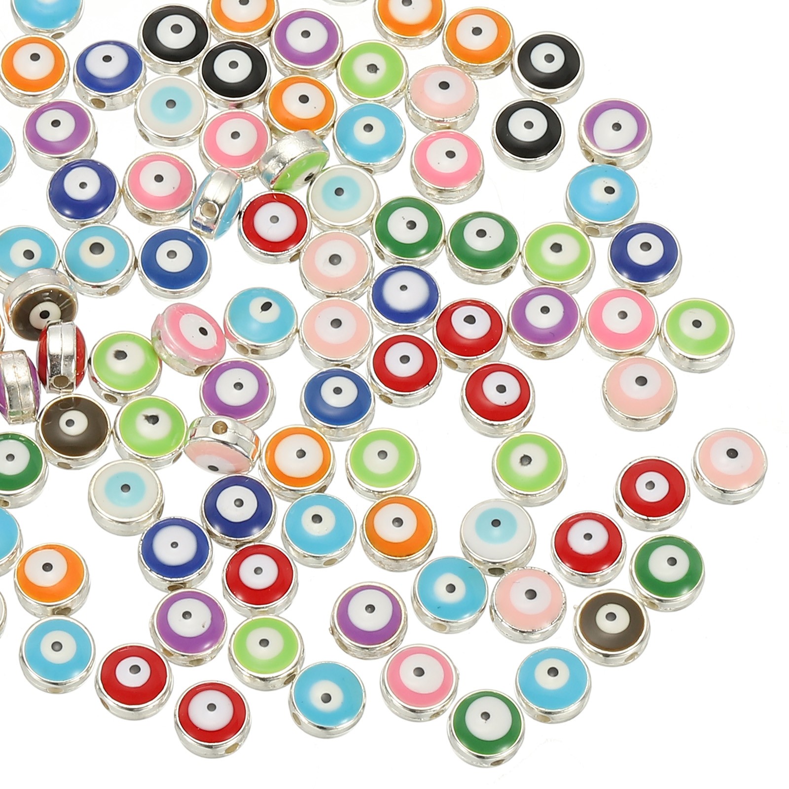 100 Pcs 8mm Flat Round Evil Eye Beads with Silver Edge, Mix Color
