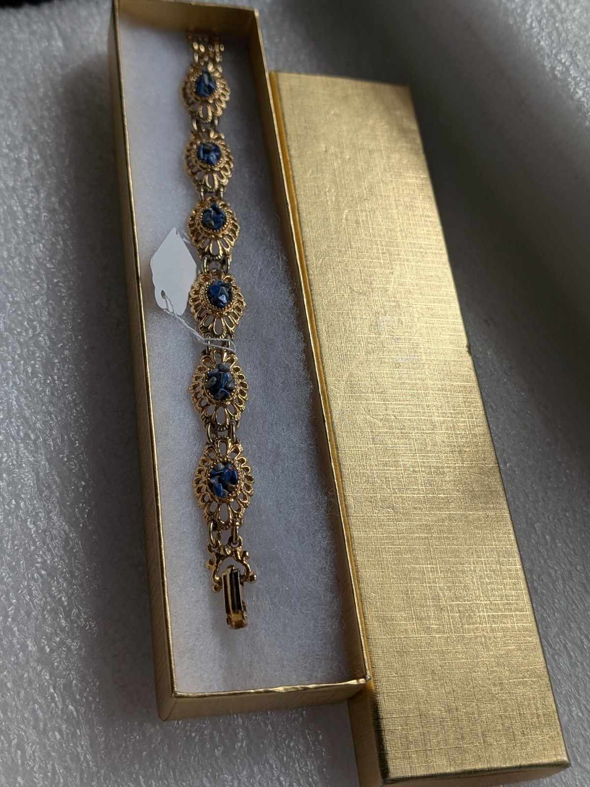 Vintage Yellow Gold Tone Ornate Panel Bracelet + Lapis Lazuli Chip 26g 18.5 cm L