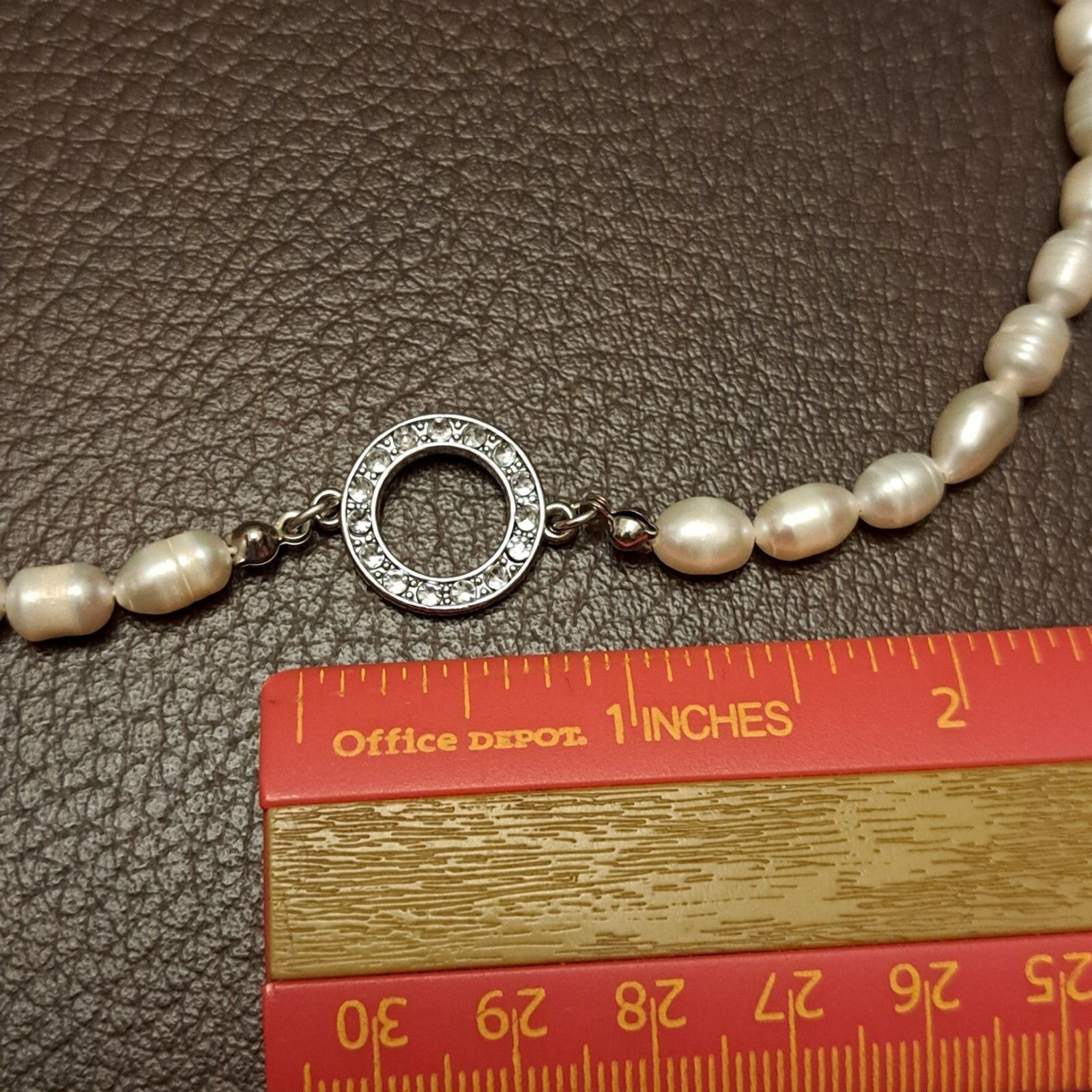 Natural Pearl Necklace With Silver Tone Centerpiece Rhinestones One Strand