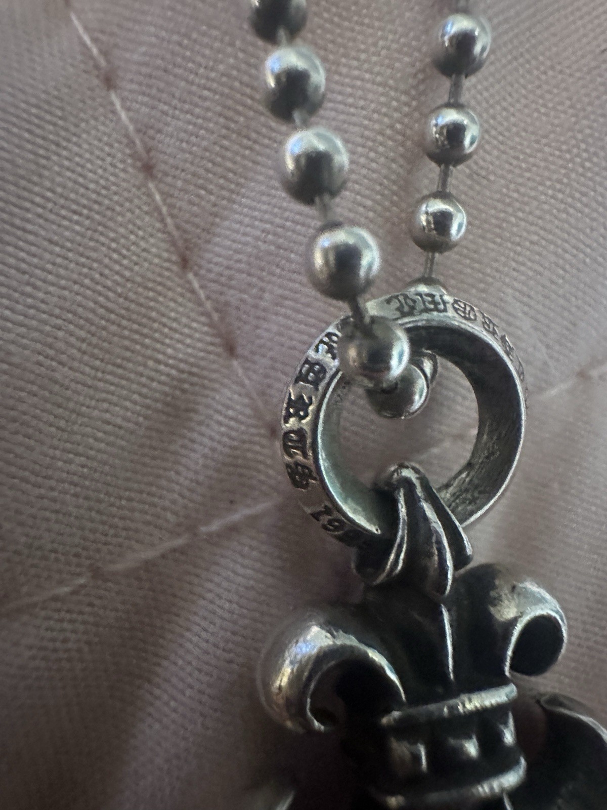 Chrome Hearts Signed Silver Fleur-de-Lis Pendant Necklace Ball/Bead Chain