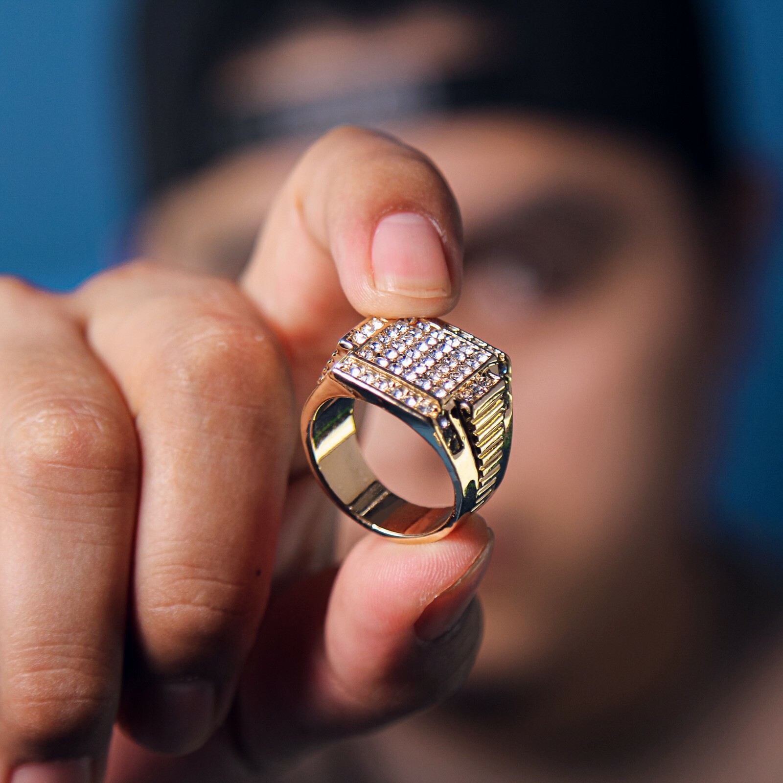 Mens Rx Block Pinky Ring Iced Cubic-Zirconia Pimp 14k Gold Plated Hip Hop