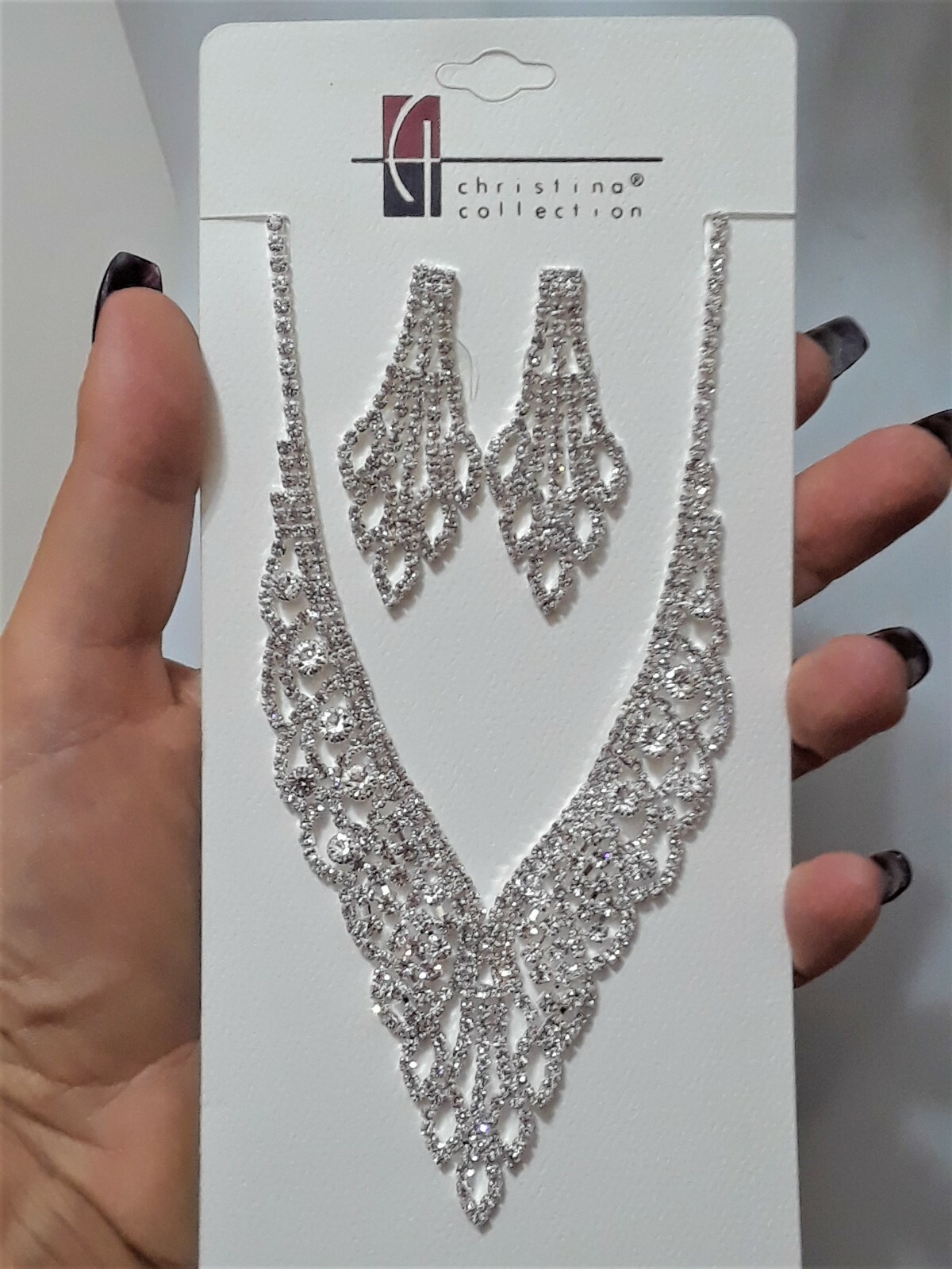 Statement Bridal Crystal Rhinestone Necklace Silver Clear Cocktail Earrings Post
