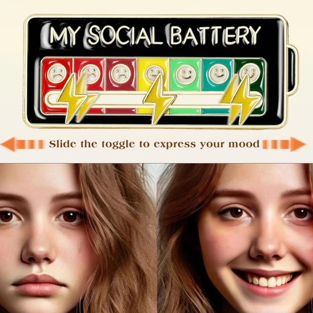 Funny Social Battery Slider Pin – 7-Mood Expression Badge, Cute Interactive Pin