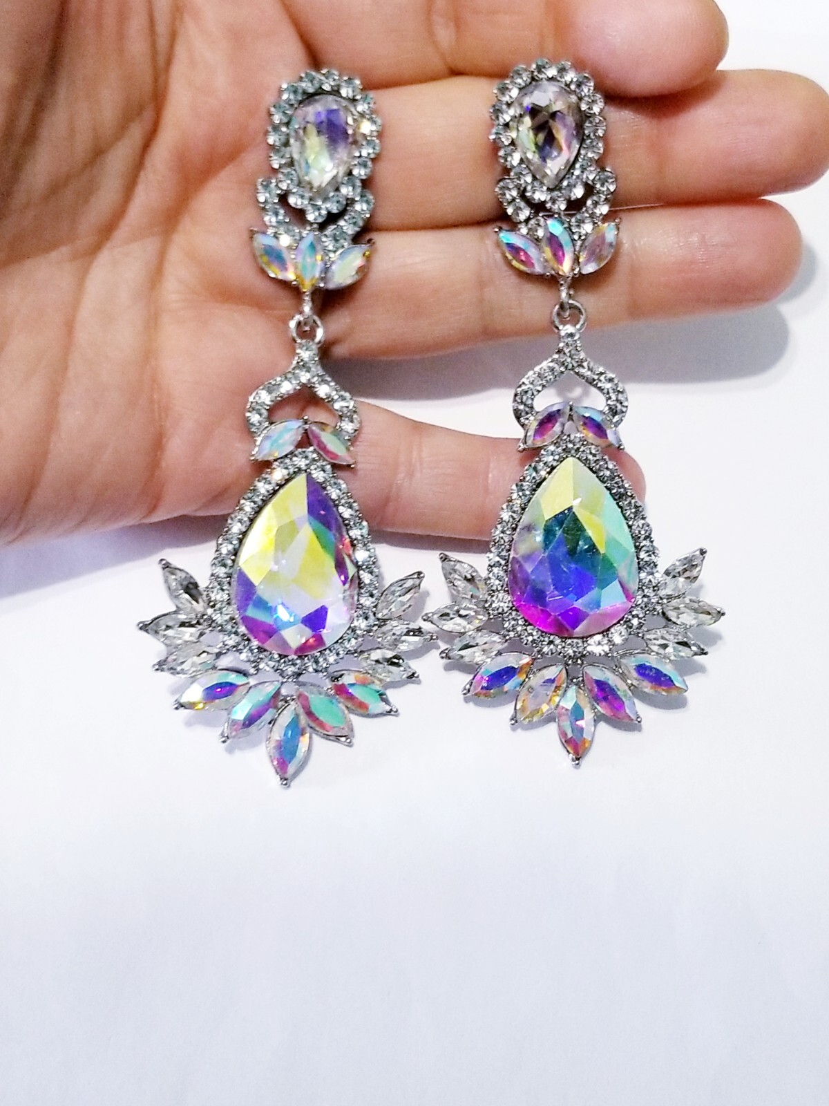 AB Drop Dangle Chandelier Rhinestone Crystal Pageant Bridal Earrings 3.9 Inch