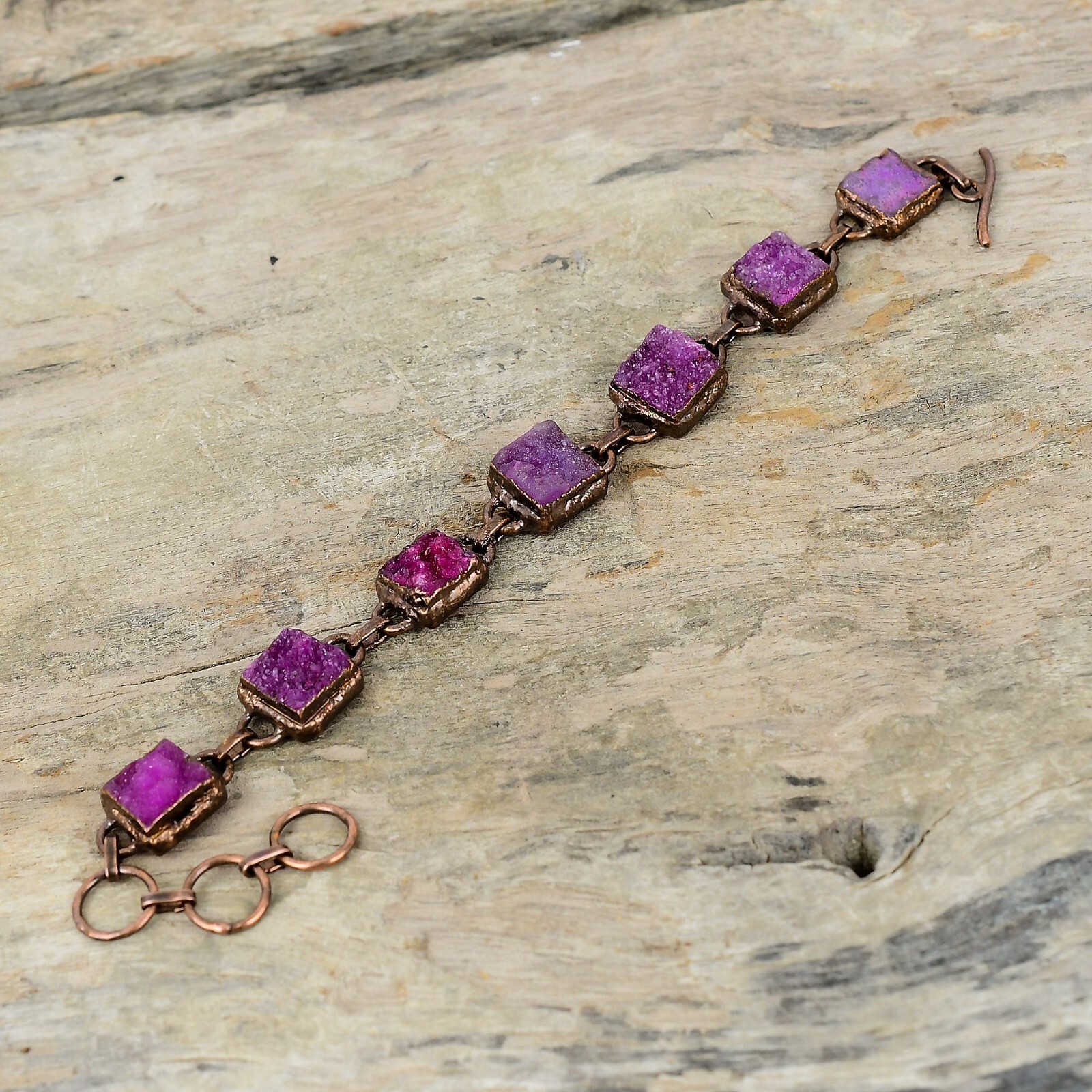 Gift For Her Pink Druzy Electroformed Chain Adjustable Bracelet Copper 6.0″