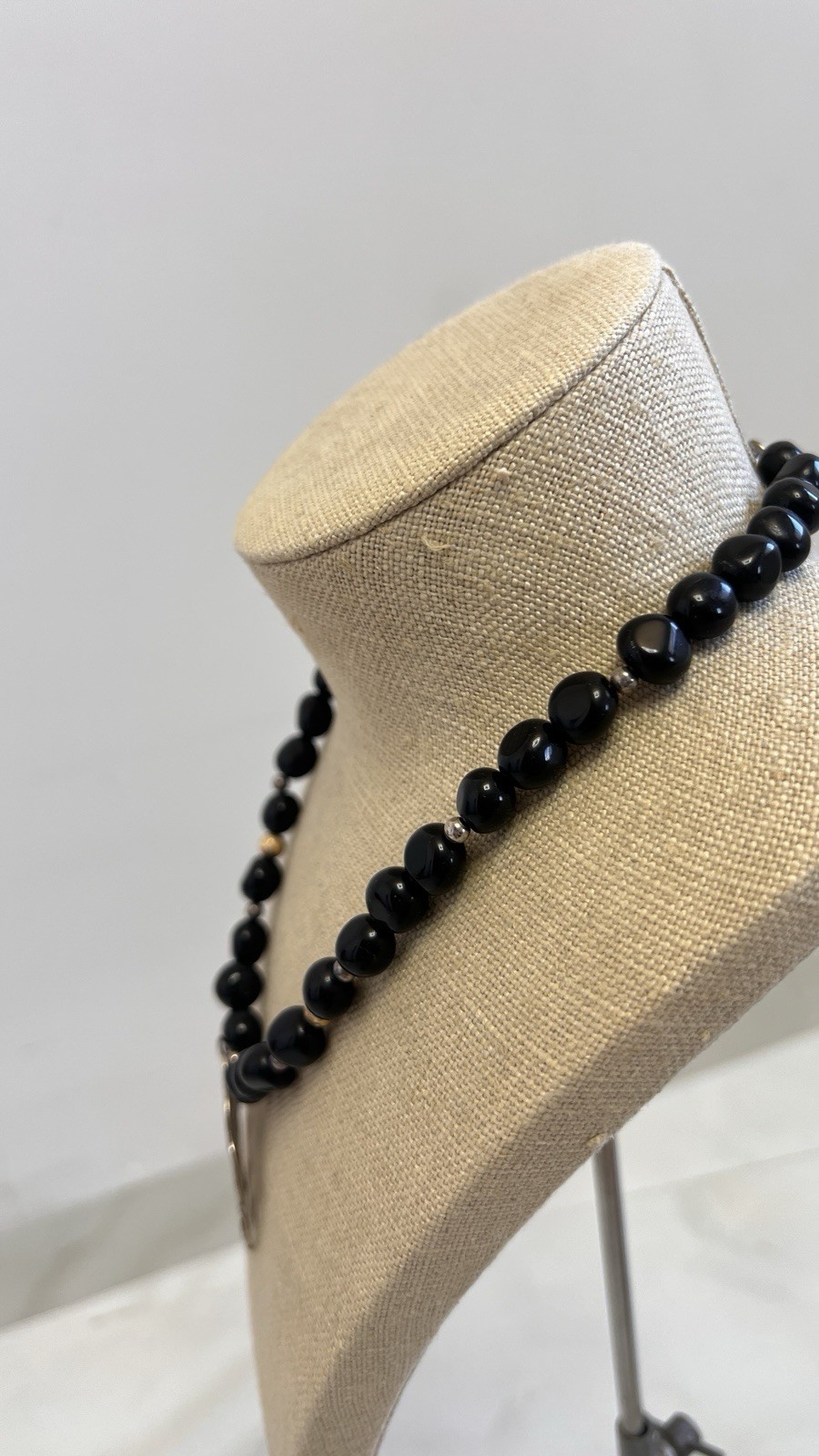 black onyx statement necklace large floral pendant, silver and gold beads, used