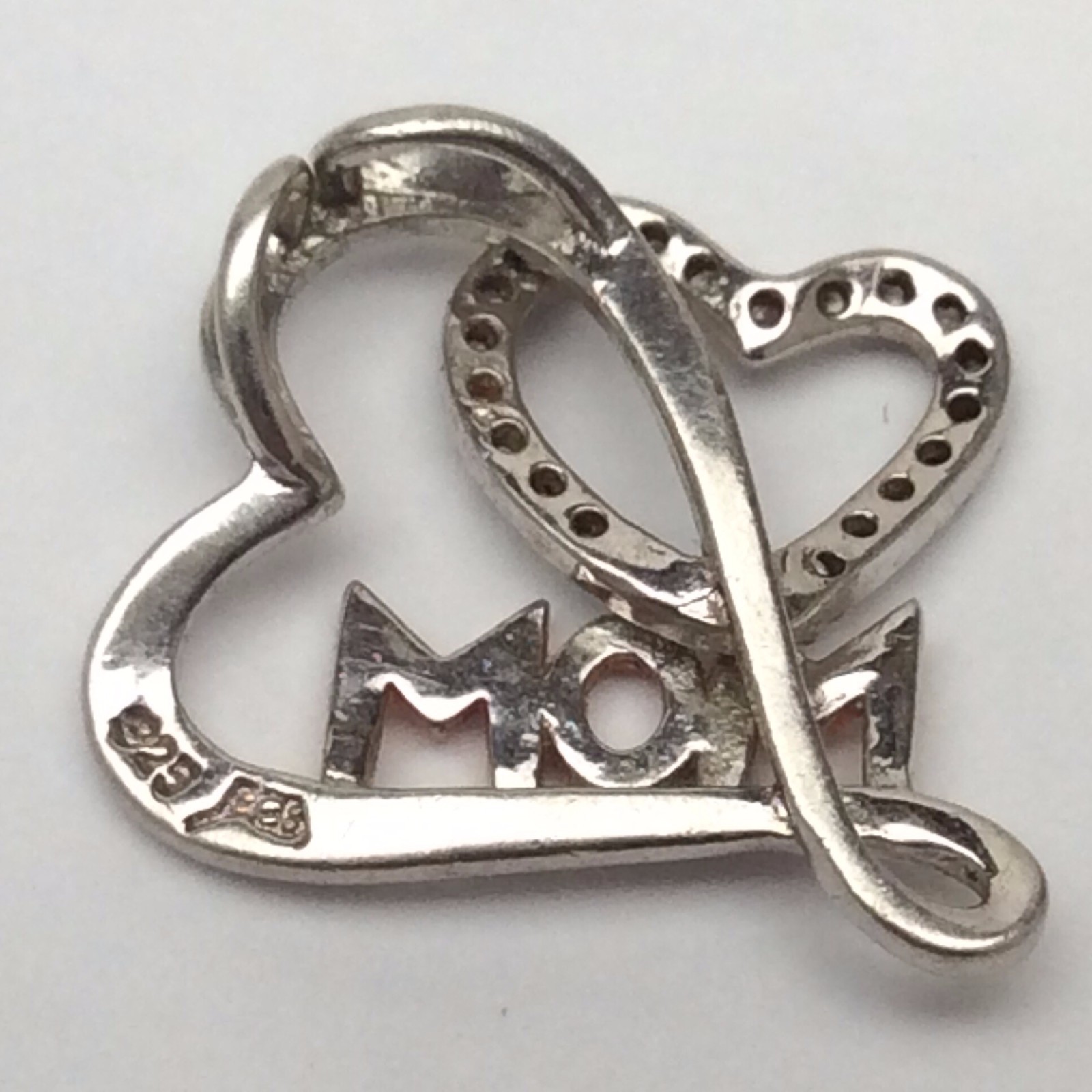Sterling 925 Silver Marked Hearts Mom Cubic Zirconia 2.3 g Gram Pendant B645