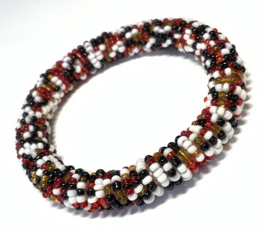 Gold, Red, White, & Black Beaded Bangle Bracelet 7-inches KC120