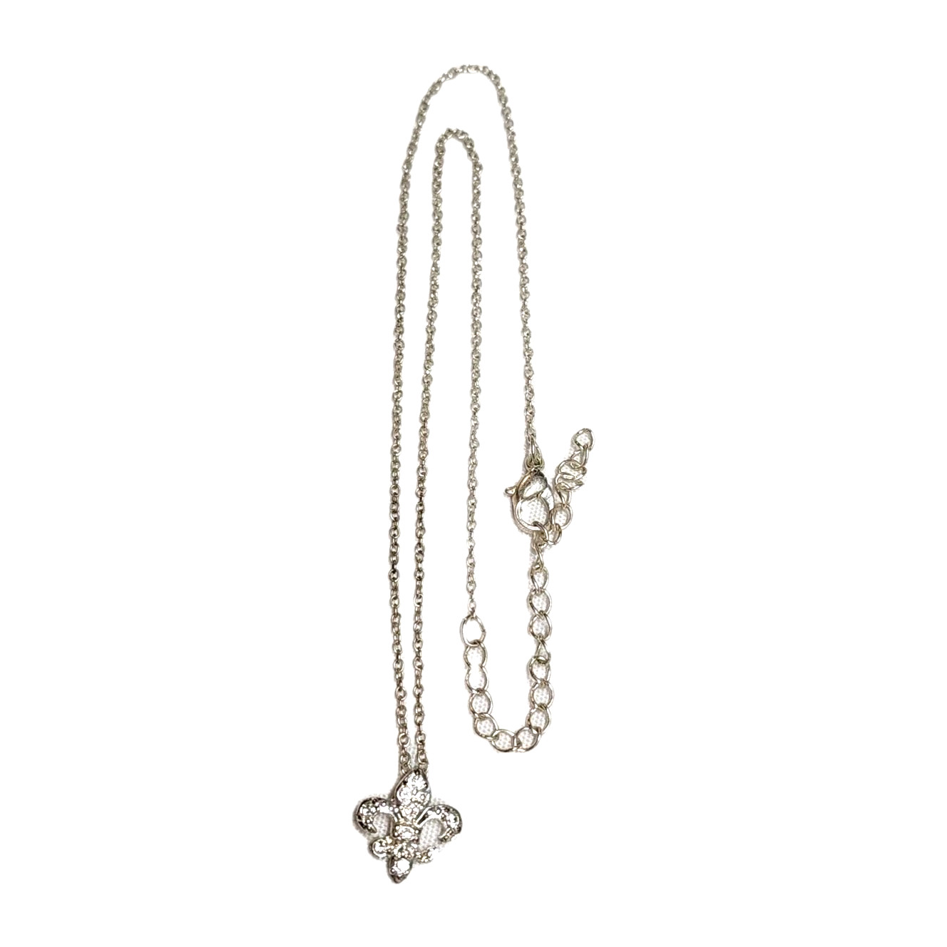 Dainty White Rhinestones & Silver Tone Fleur De Lis Pandant Charm Necklace 18″