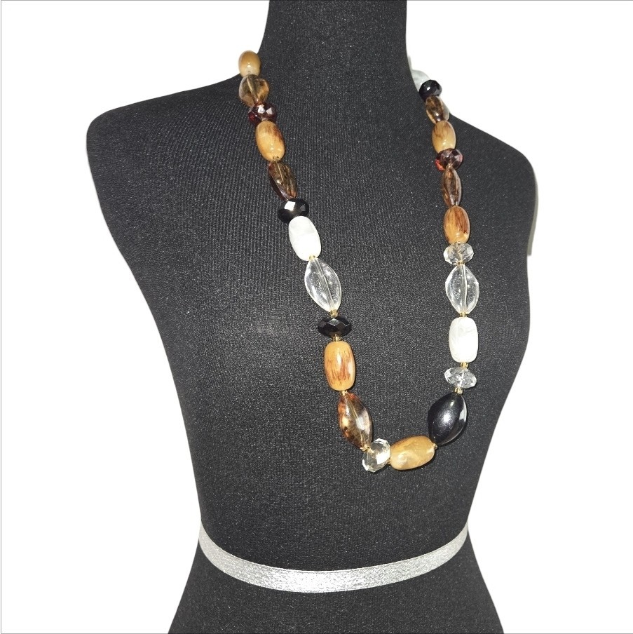 Chunky Mixed Bead Statement Necklace Brown Black Clear Acrylic Boho Long EUC
