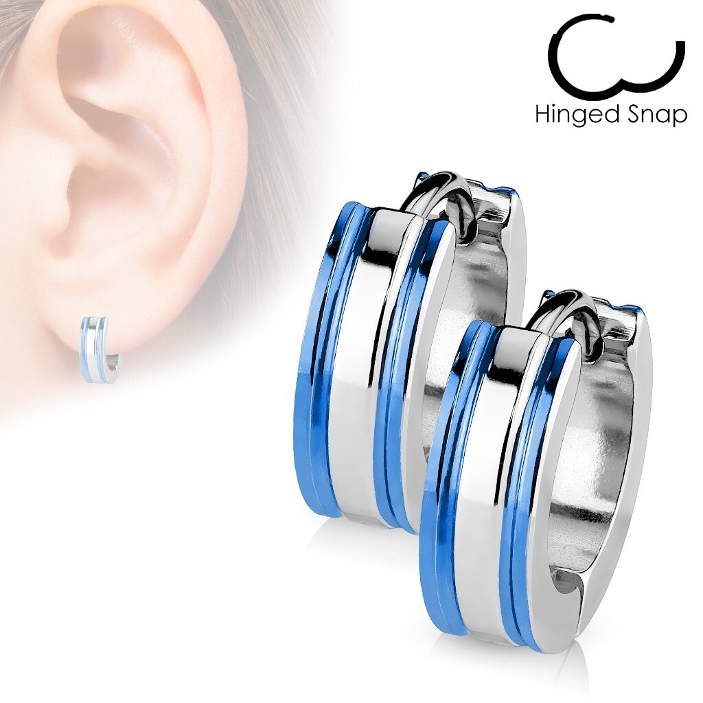 Stainless Steel Dual Stripe Huggie Hoop Earrings Black Blue Rose Gold Plated